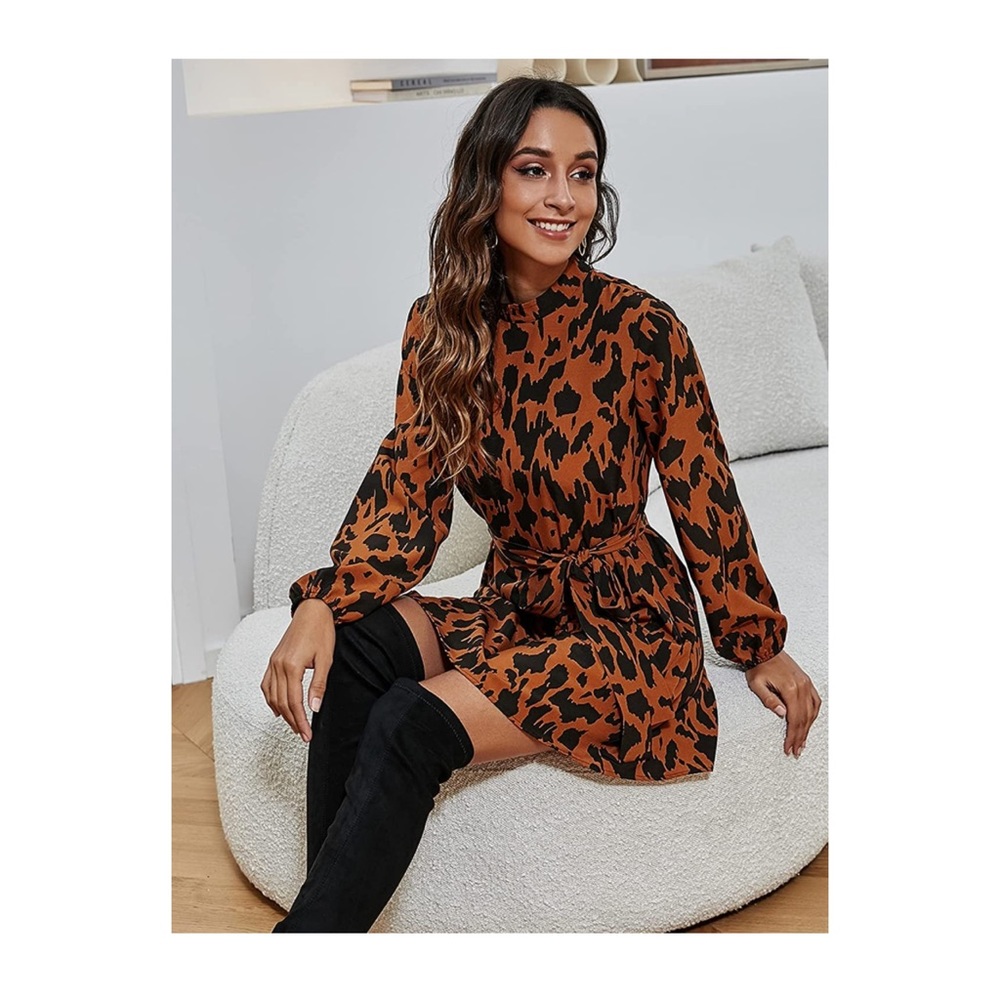 Mockneck long sleeve belted brown & black animal print short a line dress